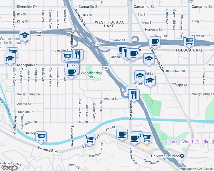 map of restaurants, bars, coffee shops, grocery stores, and more near 11160 Valley Spring Place in Los Angeles