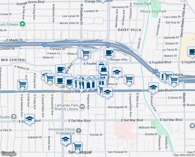 map of restaurants, bars, coffee shops, grocery stores, and more near 100 North Vinedo Avenue in Pasadena