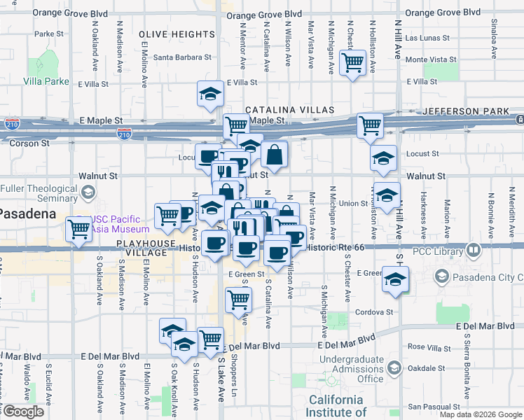 map of restaurants, bars, coffee shops, grocery stores, and more near in Pasadena