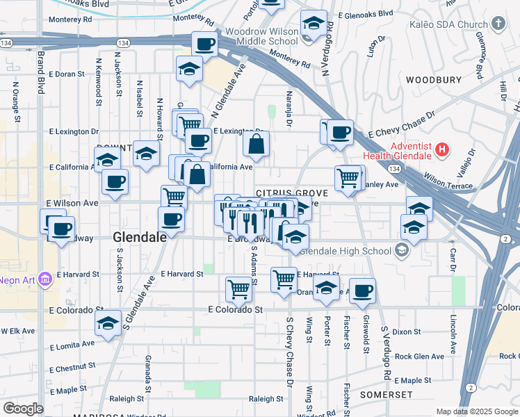 map of restaurants, bars, coffee shops, grocery stores, and more near 135 North Adams Street in Glendale