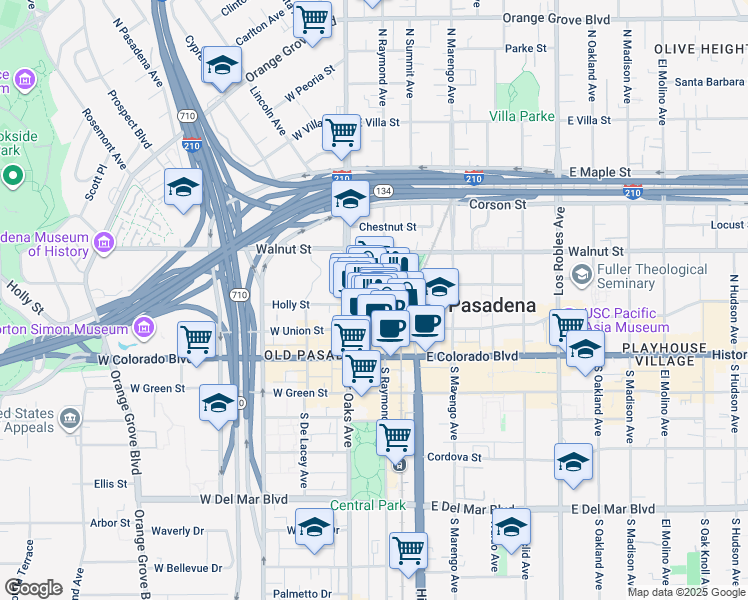 map of restaurants, bars, coffee shops, grocery stores, and more near 93 North Raymond Avenue in Pasadena
