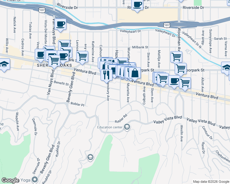 map of restaurants, bars, coffee shops, grocery stores, and more near 14100 Dickens Street in Los Angeles
