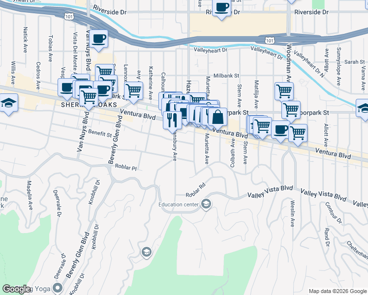 map of restaurants, bars, coffee shops, grocery stores, and more near 14106 Dickens Street in Los Angeles