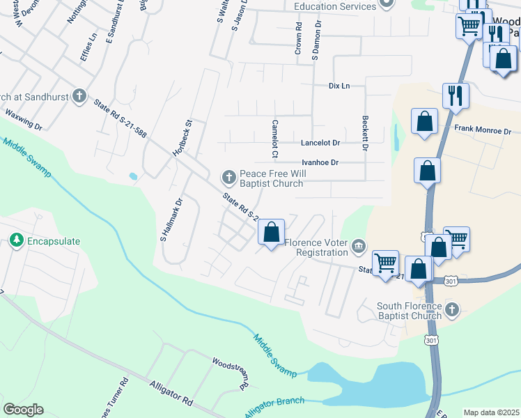map of restaurants, bars, coffee shops, grocery stores, and more near 868 Chaucer Drive in Florence