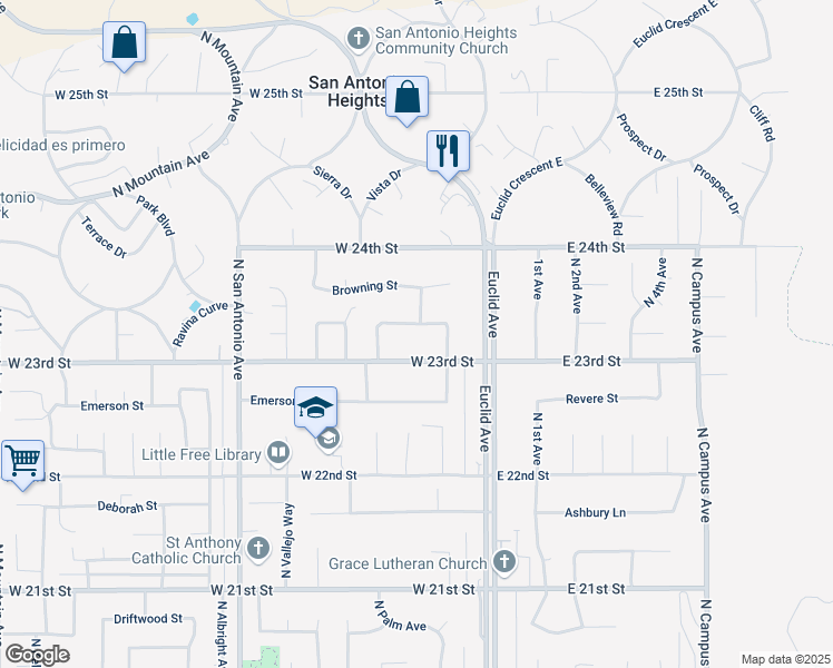 map of restaurants, bars, coffee shops, grocery stores, and more near 208 West Tennyson Street in Upland