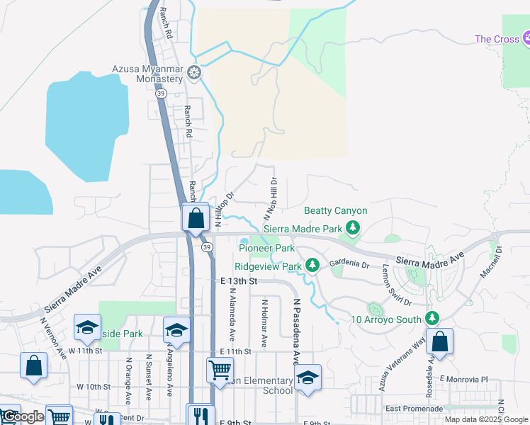 map of restaurants, bars, coffee shops, grocery stores, and more near 1477 North Nob Hill Drive in Azusa