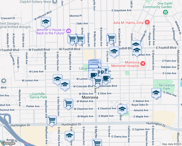 map of restaurants, bars, coffee shops, grocery stores, and more near 116 West Lime Avenue in Monrovia