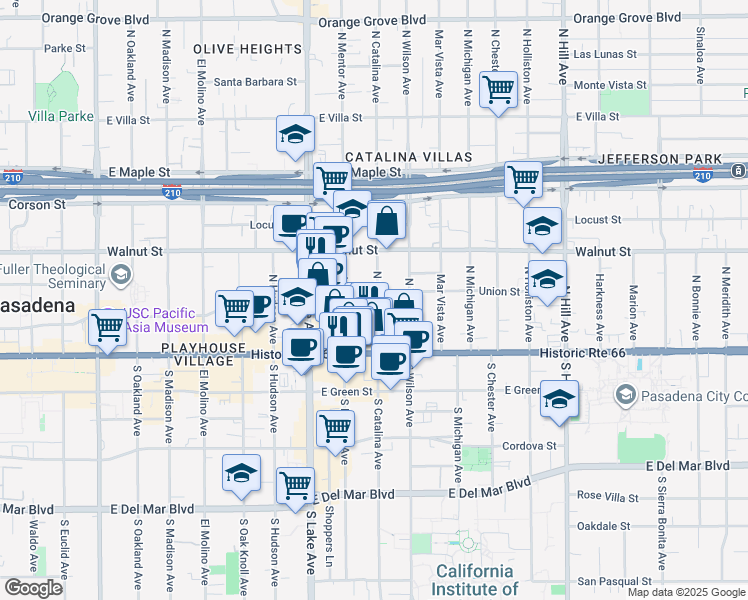 map of restaurants, bars, coffee shops, grocery stores, and more near 103 North Catalina Avenue in Pasadena