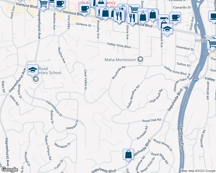map of restaurants, bars, coffee shops, grocery stores, and more near 16055 Woodvale Road in Los Angeles