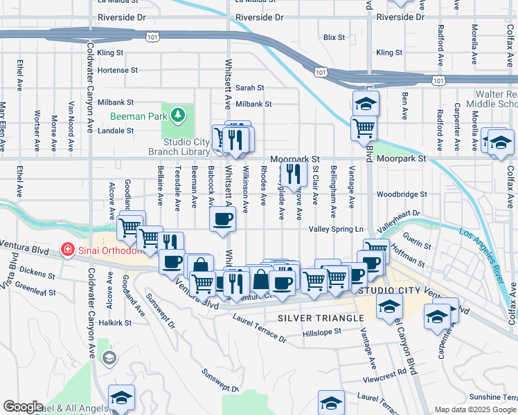 map of restaurants, bars, coffee shops, grocery stores, and more near 4239 Rhodes Avenue in Los Angeles