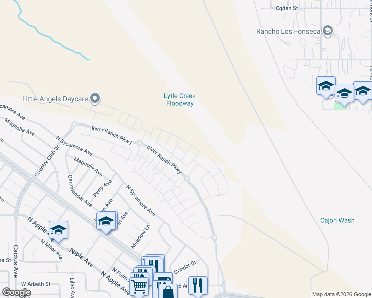 map of restaurants, bars, coffee shops, grocery stores, and more near 355 E Country Club Dr in Rialto