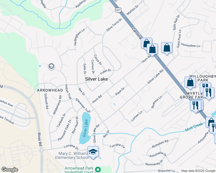 map of restaurants, bars, coffee shops, grocery stores, and more near 411 Horn Road in Wilmington