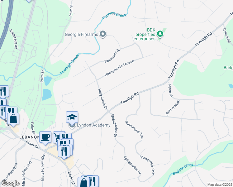 map of restaurants, bars, coffee shops, grocery stores, and more near 220 Holly Creek Way in Woodstock