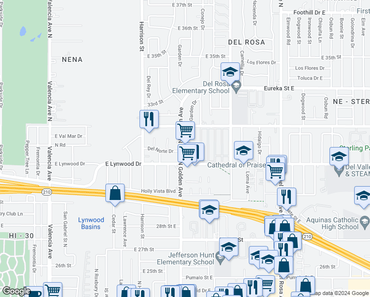 map of restaurants, bars, coffee shops, grocery stores, and more near 3125 North Golden Avenue in San Bernardino