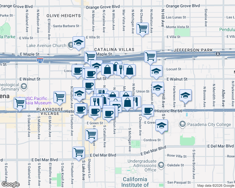 map of restaurants, bars, coffee shops, grocery stores, and more near 87 North Wilson Avenue in Pasadena