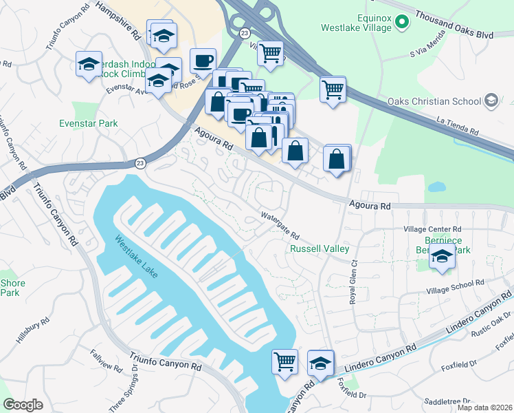 map of restaurants, bars, coffee shops, grocery stores, and more near 1232 Landsburn Circle in Westlake Village