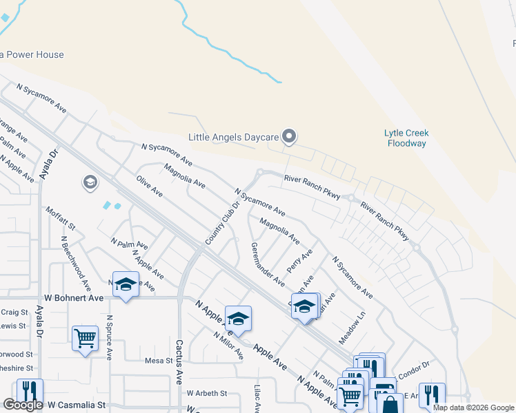 map of restaurants, bars, coffee shops, grocery stores, and more near 5842 North Sycamore Avenue in Rialto