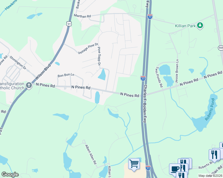 map of restaurants, bars, coffee shops, grocery stores, and more near 536 North Pines Road in Blythewood