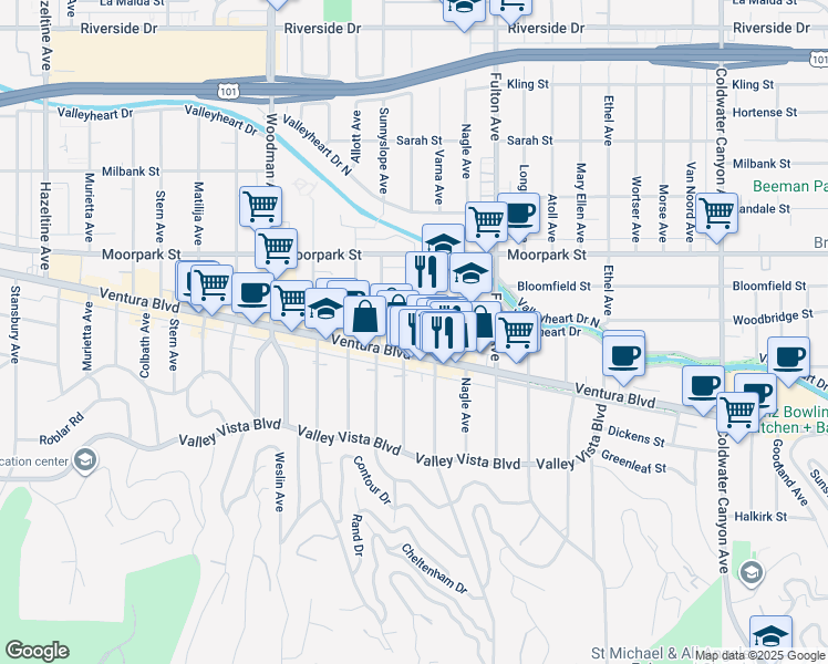 map of restaurants, bars, coffee shops, grocery stores, and more near 4216 Greenbush Avenue in Los Angeles