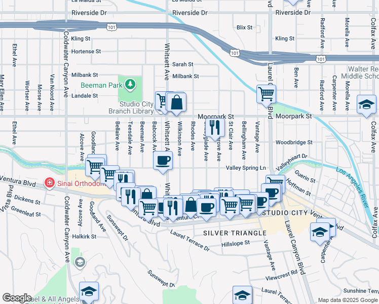 map of restaurants, bars, coffee shops, grocery stores, and more near 4239 Rhodes Avenue in Los Angeles