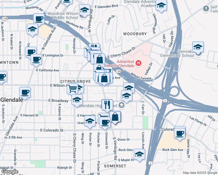map of restaurants, bars, coffee shops, grocery stores, and more near 1420 East Wilson Avenue in Glendale