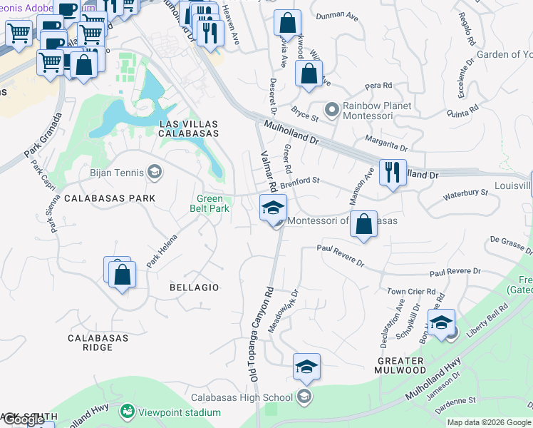 map of restaurants, bars, coffee shops, grocery stores, and more near 4337 Park Arroyo in Calabasas