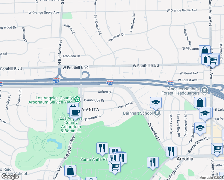 map of restaurants, bars, coffee shops, grocery stores, and more near 348 Oxford Drive in Arcadia