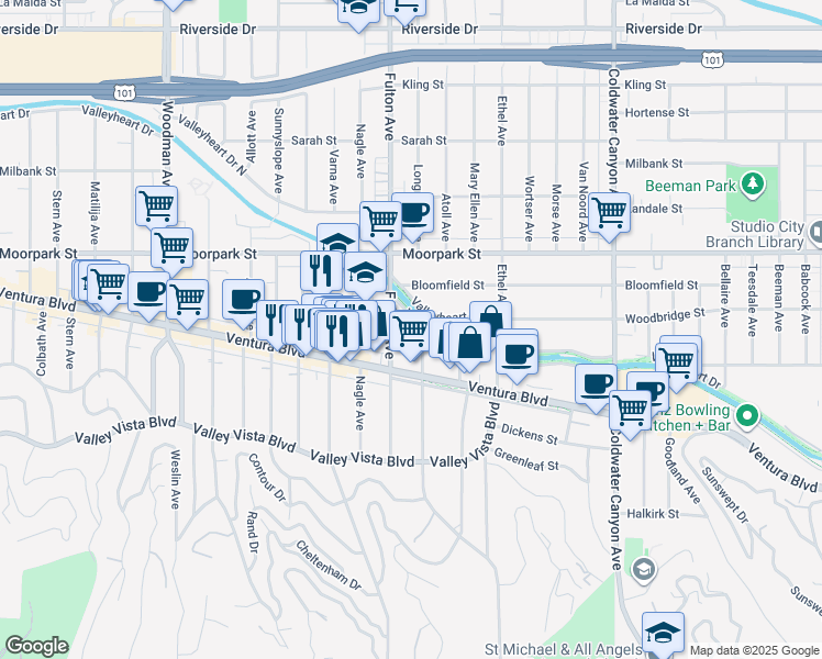 map of restaurants, bars, coffee shops, grocery stores, and more near 4249 Longridge Avenue in Los Angeles