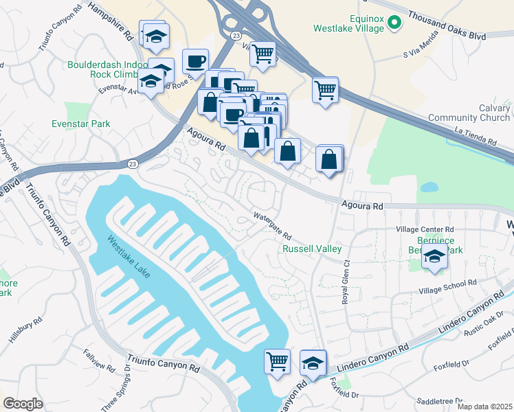 map of restaurants, bars, coffee shops, grocery stores, and more near 1223 Landsburn Circle in Westlake Village