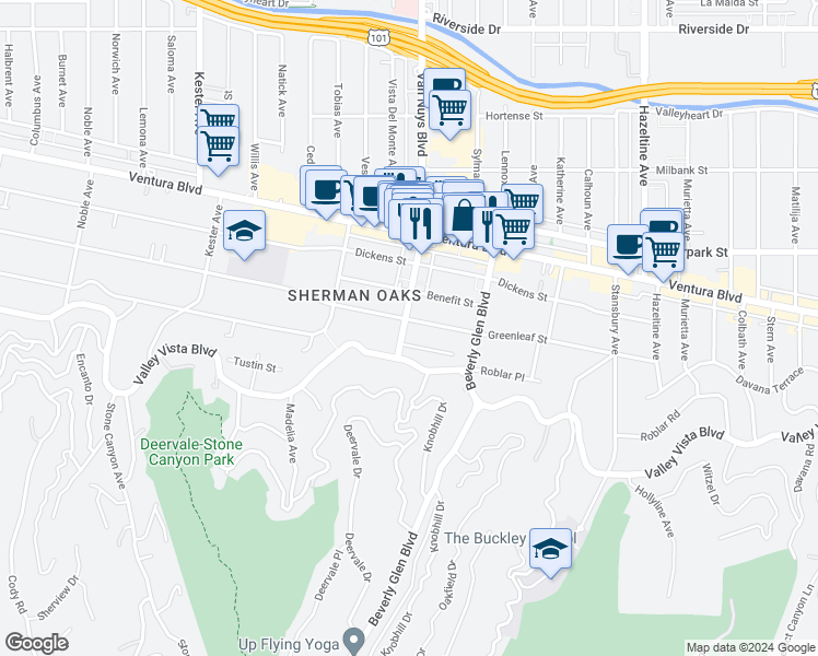 map of restaurants, bars, coffee shops, grocery stores, and more near 4242 Van Nuys Boulevard in Los Angeles
