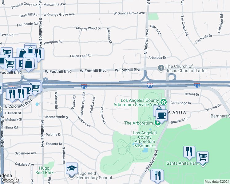 map of restaurants, bars, coffee shops, grocery stores, and more near 849 San Vicente Road in Arcadia