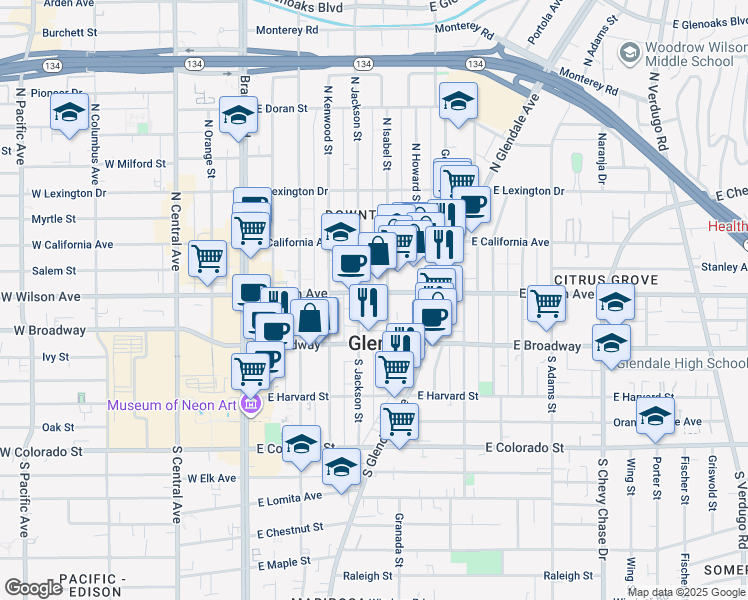 map of restaurants, bars, coffee shops, grocery stores, and more near 512 East Wilson Avenue in Glendale