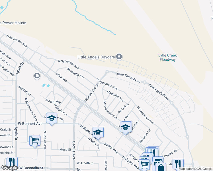 map of restaurants, bars, coffee shops, grocery stores, and more near 5842 North Sycamore Avenue in Rialto