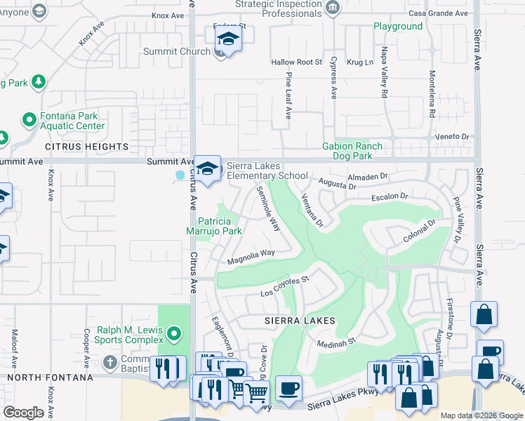 map of restaurants, bars, coffee shops, grocery stores, and more near 5833 Brentwood Place in Fontana