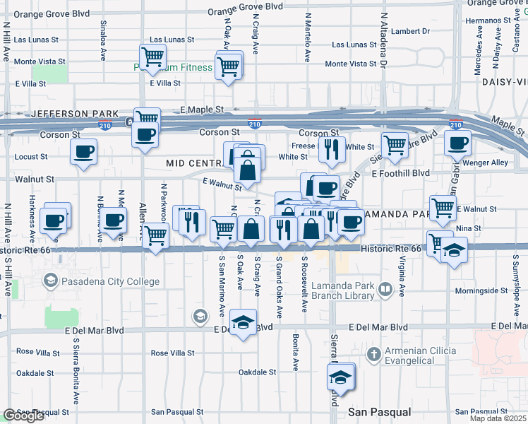 map of restaurants, bars, coffee shops, grocery stores, and more near 79 North Grand Oaks Avenue in Pasadena
