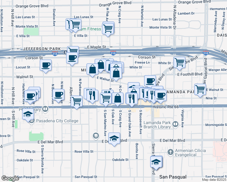 map of restaurants, bars, coffee shops, grocery stores, and more near 64 North Oak Avenue in Pasadena