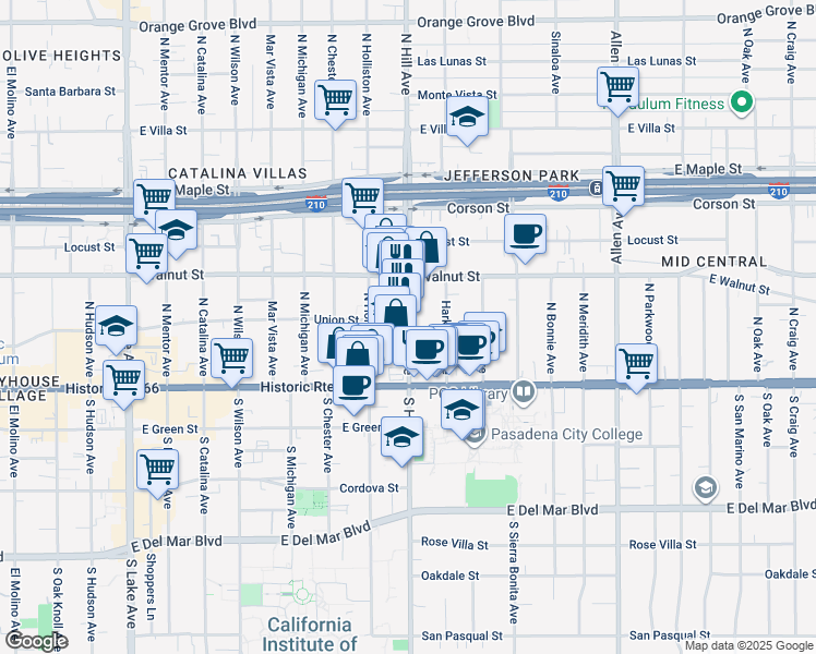 map of restaurants, bars, coffee shops, grocery stores, and more near in Pasadena