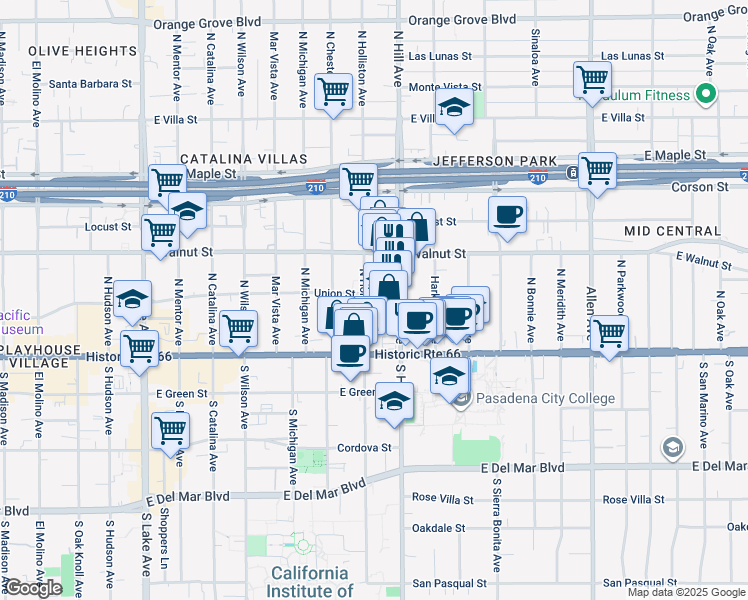 map of restaurants, bars, coffee shops, grocery stores, and more near in Pasadena