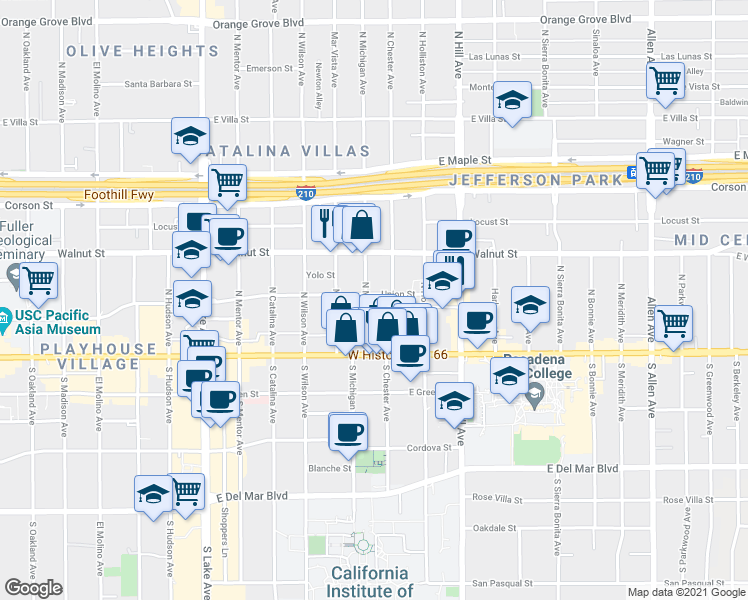 map of restaurants, bars, coffee shops, grocery stores, and more near 90 North Michigan Avenue in Pasadena