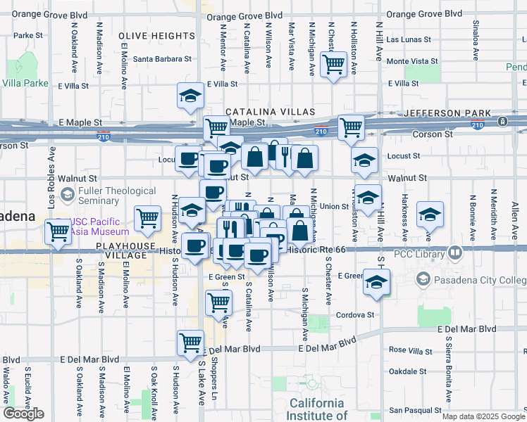 map of restaurants, bars, coffee shops, grocery stores, and more near 87 North Wilson Avenue in Pasadena