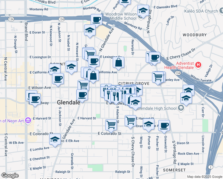 map of restaurants, bars, coffee shops, grocery stores, and more near 135 North Adams Street in Glendale