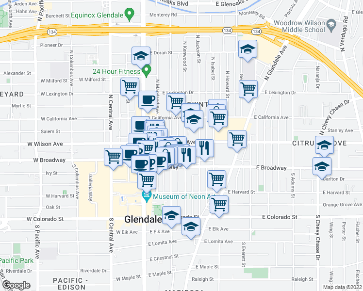 map of restaurants, bars, coffee shops, grocery stores, and more near 134 North Kenwood Street in Glendale