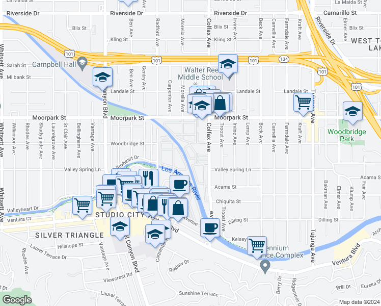map of restaurants, bars, coffee shops, grocery stores, and more near 11792 Moorpark Street in Los Angeles
