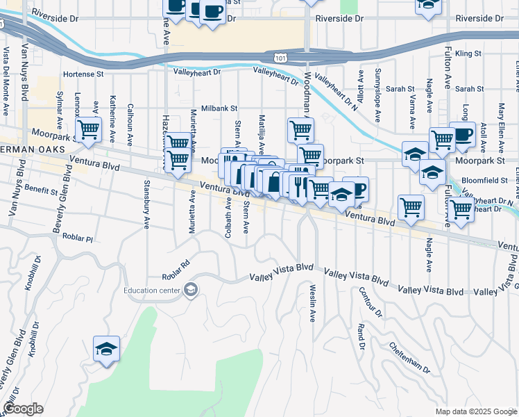 map of restaurants, bars, coffee shops, grocery stores, and more near 4233 Matilija Avenue in Los Angeles