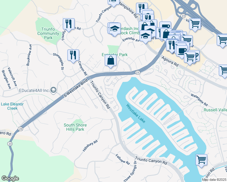 map of restaurants, bars, coffee shops, grocery stores, and more near 1234 South Westlake Boulevard in Westlake Village