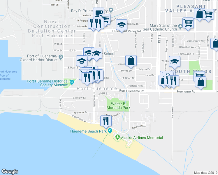 map of restaurants, bars, coffee shops, grocery stores, and more near 102 San Nicolas Circle in Port Hueneme