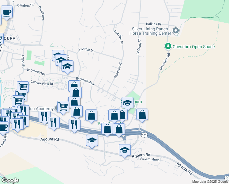 map of restaurants, bars, coffee shops, grocery stores, and more near 28245 West Driver Avenue in Agoura Hills