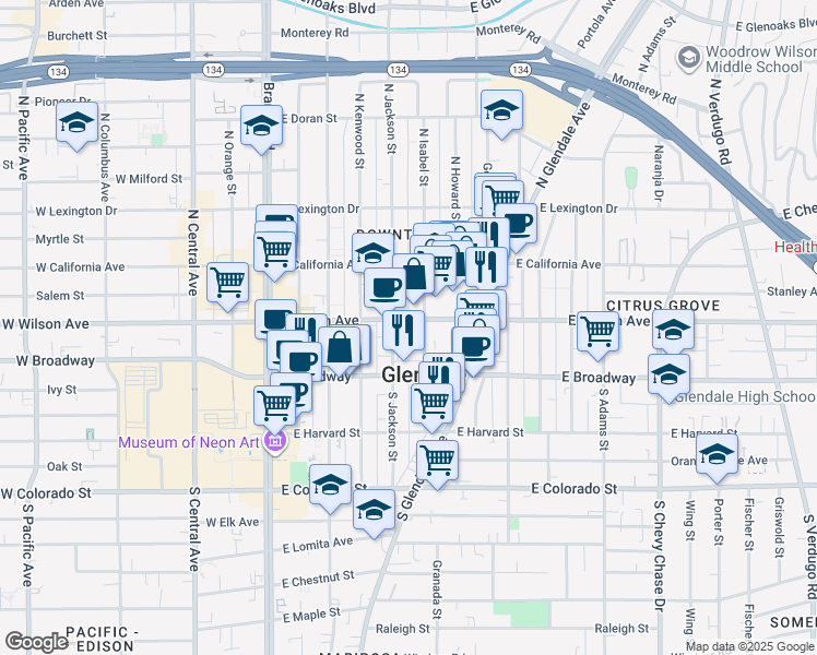 map of restaurants, bars, coffee shops, grocery stores, and more near 135 North Isabel Street in Glendale