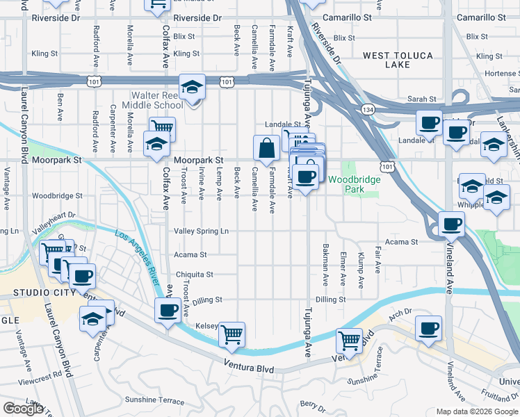 map of restaurants, bars, coffee shops, grocery stores, and more near 4312 Camellia Avenue in Los Angeles