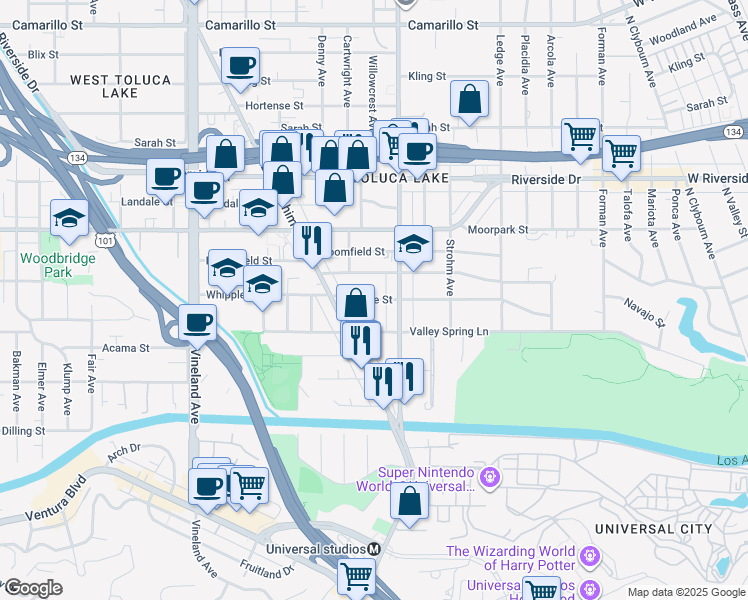 map of restaurants, bars, coffee shops, grocery stores, and more near 10913 Whipple Street in Los Angeles